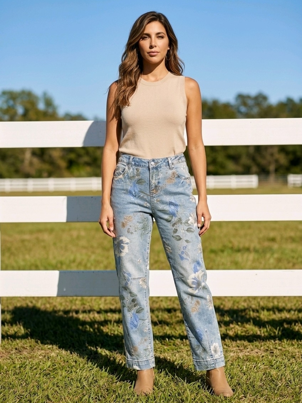 Flamingals Light-Wash Denim Jeans Blue/Cream floral Print Straight Leg M